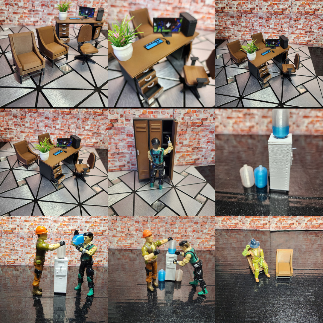 OFFICE SPACE BUNDLE For 3.75&Prime; Figures, Desk, locker, Plant, Water Cooler, Chairs
