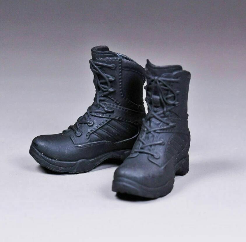 1/6 Black PU Combat Shoes Police Boots Solid Model For 12&Prime; Female Figure Body