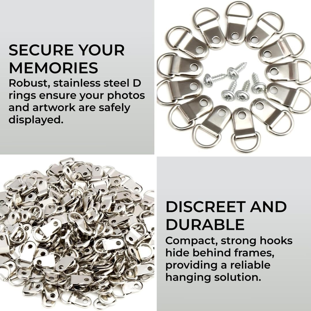 80-Piece Small D-Ring Picture Frame Hooks, Stainless Steel – with Screws for Han