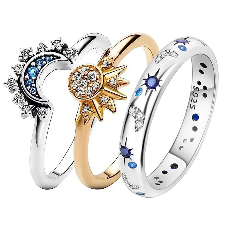 New Celestial Blue Sparkling Moon Sun Star Crystal Ring for Women Fashion