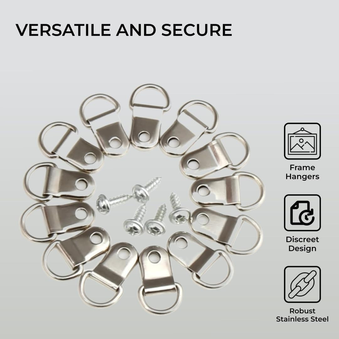 80-Piece Small D-Ring Picture Frame Hooks, Stainless Steel – with Screws for Han