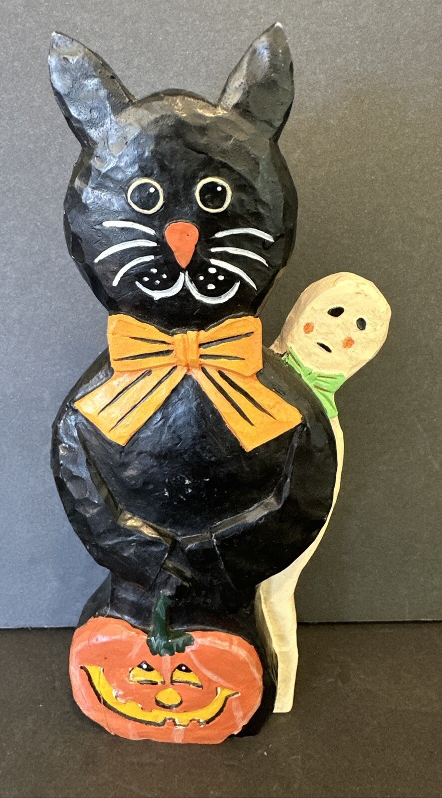 Carved Wood Halloween Cat Ghost Pumpkin Figurine 9.5”T World Bazaar