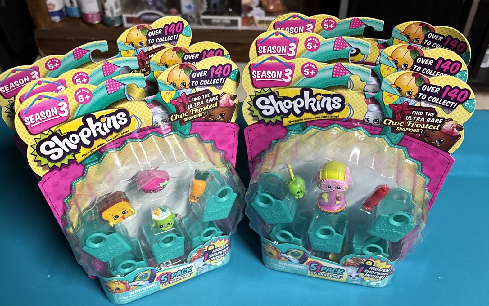 One Shopkins Season 3, 5 Pack with Mint/Teal Shopping Bags, New
