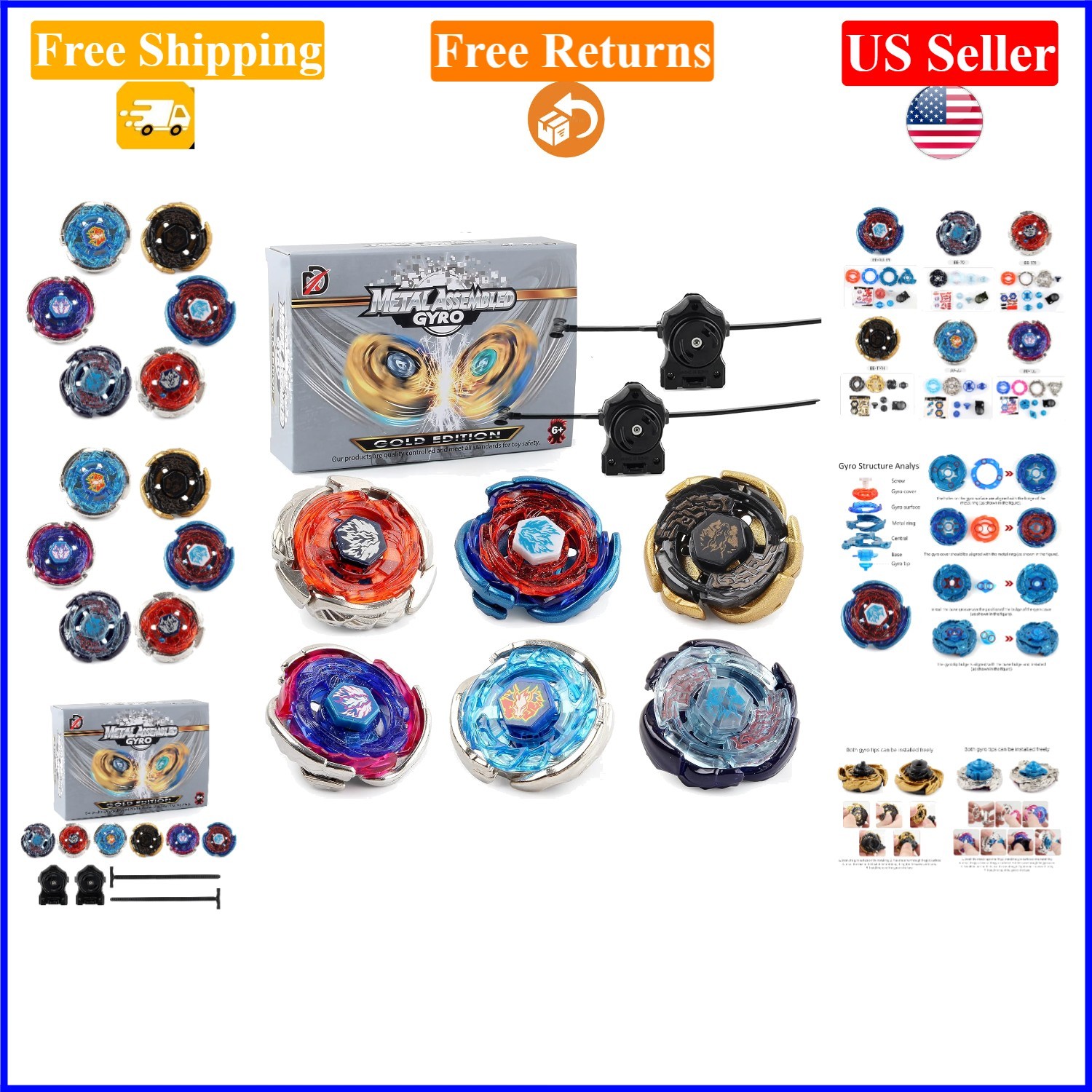 Gyros 6-Pack Battle Tops Metal Fusion Set with Launchers & Stickers for Kids 6+