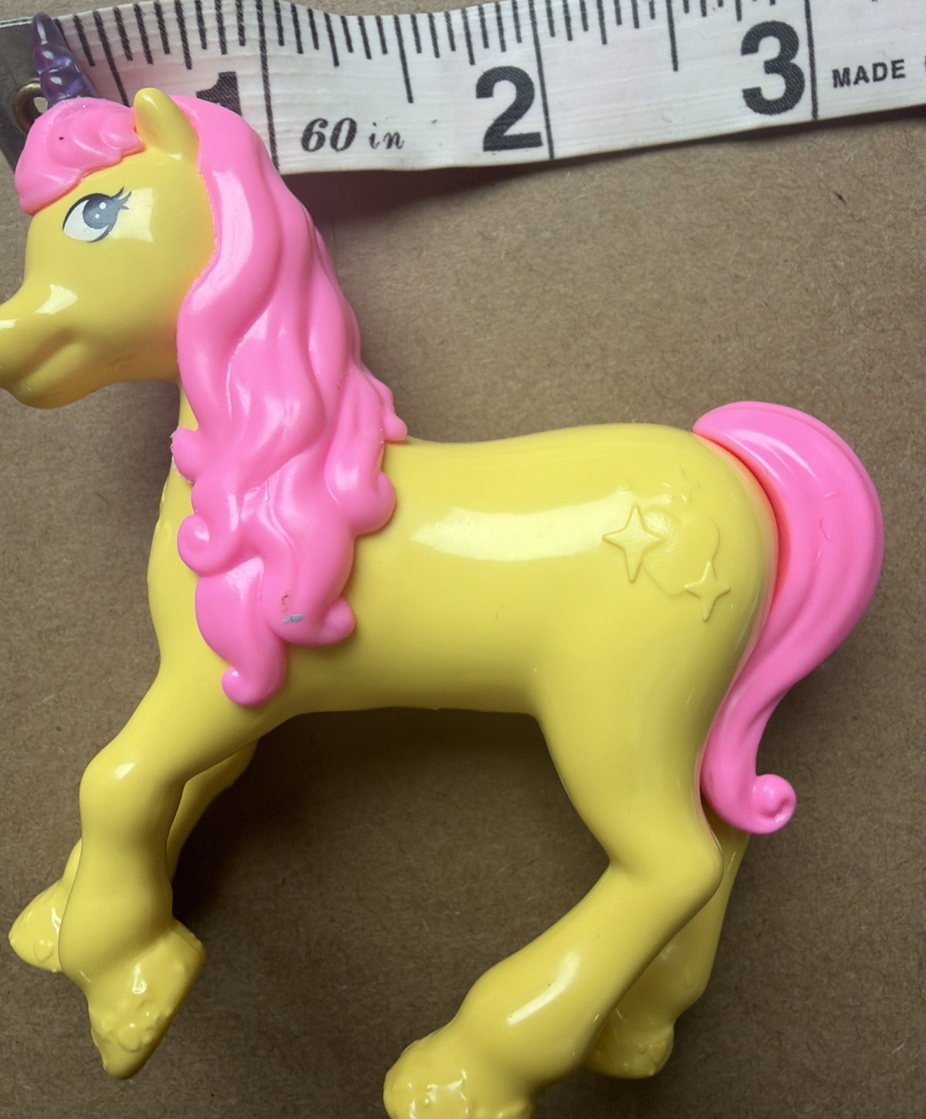 Vintage Unicorn Toy Figures Set of 2 Yellow Purple Pink Mane Glitter Horn 3 inch