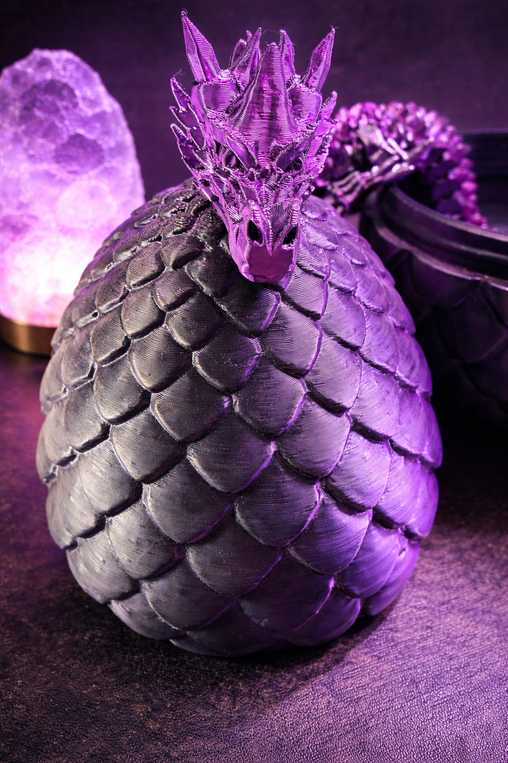 🐉🔥 3D Printed 15&Prime; Articulated Dragon With Egg 🌙 Black Purple Silk PLA