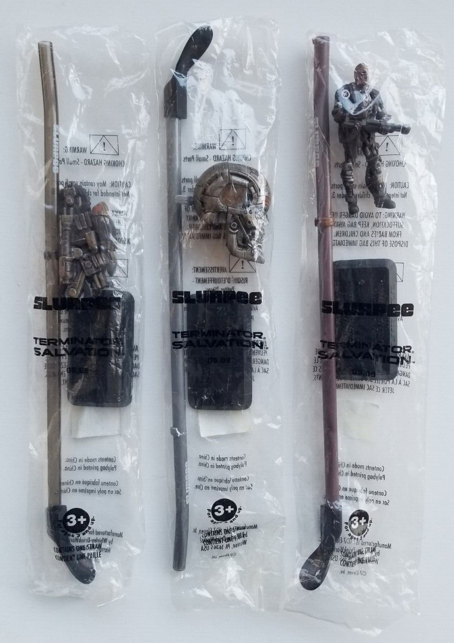 3 Diff 7-11 TERMINATOR SALVATION 2009 Slurpee Spoon Straw w/ Detachable Figures