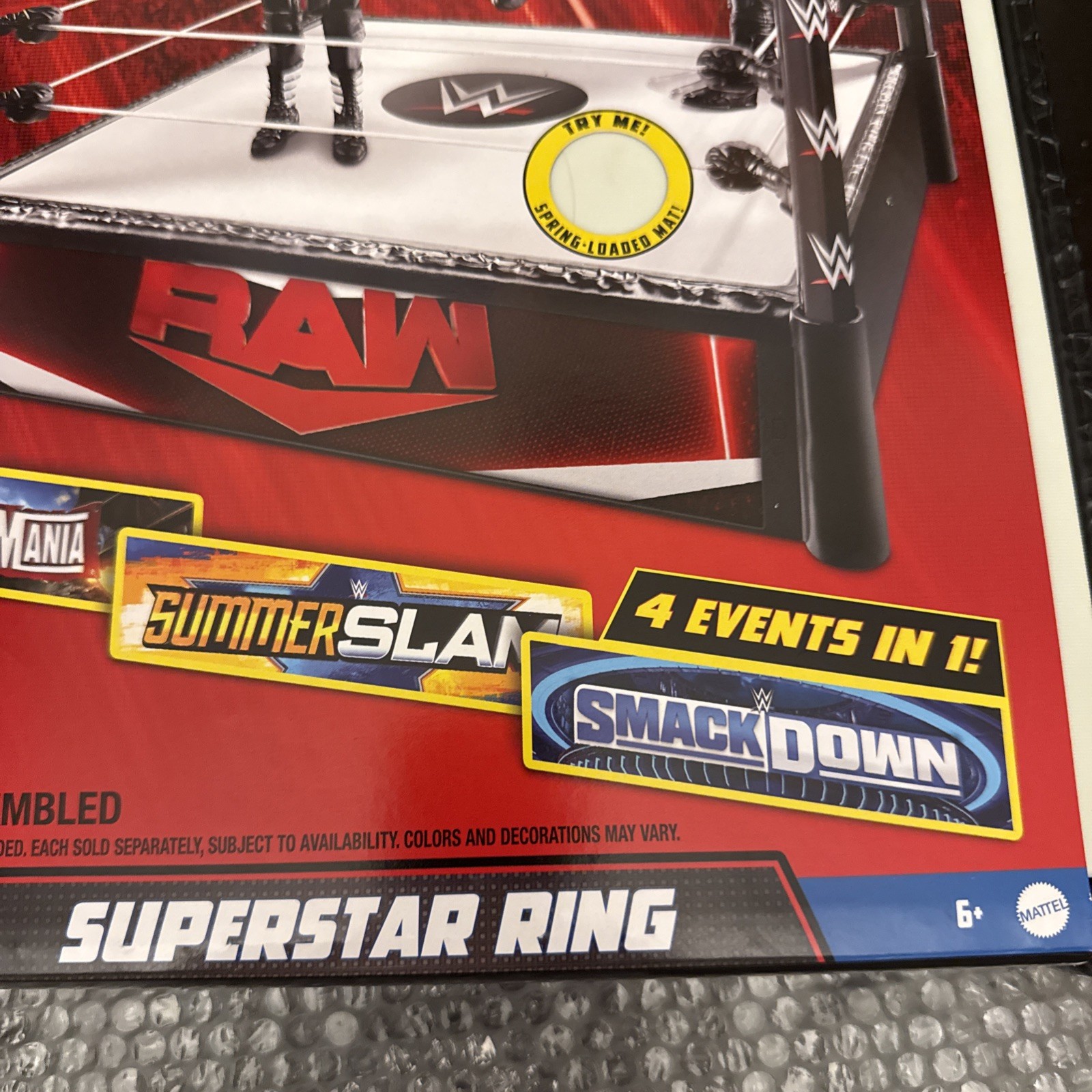 WWE Superstar Ring 14&Prime; Spring-Loaded Mat Pro-Tension Ropes 4 Events in 1 Playset