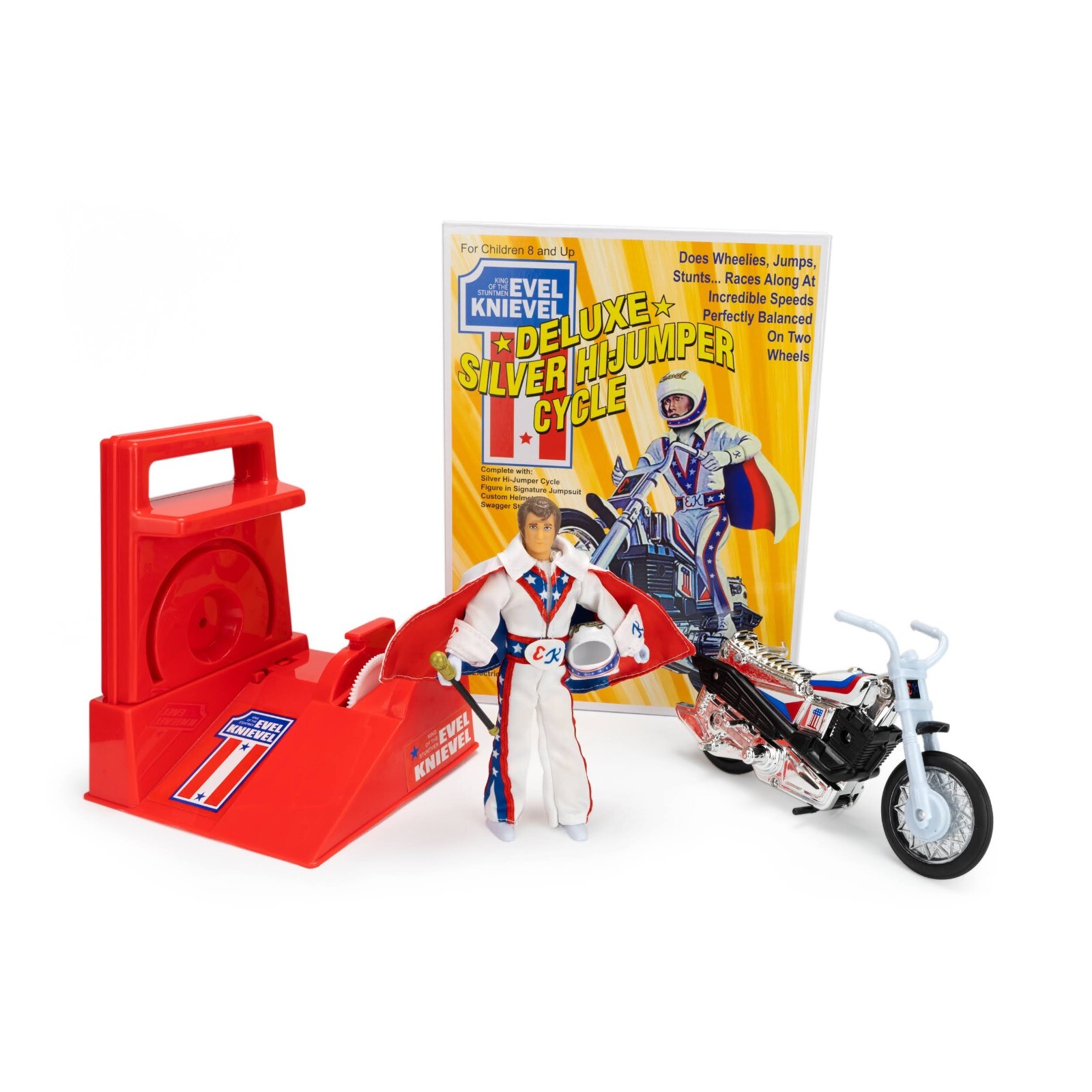 Evel Knievel Deluxe Silver High Jumper Stunt Cycle Extreme Jumps and Tricks