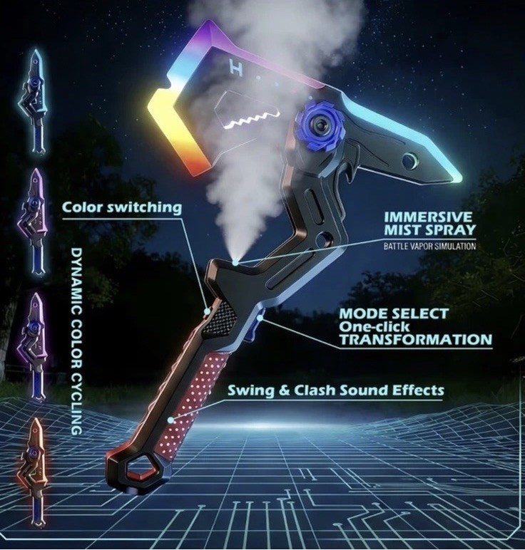 2-in-1 LED Shadow Axe Sword, Transforming, Mist Sound FX, USB Rechargeable NEW