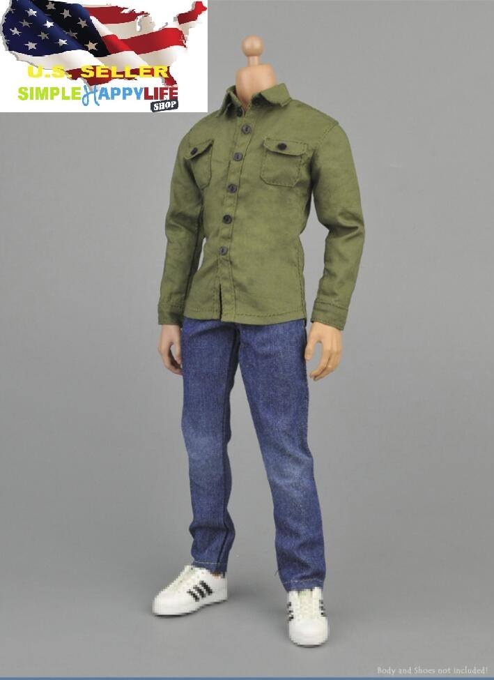 1/6 green long sleeve men shirt blue Jeans for 12&Prime; figure hot toys ❶US SELLER❶