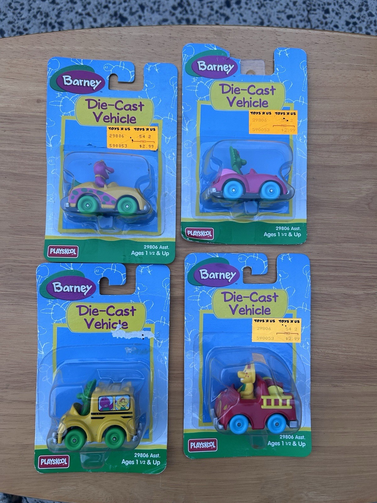 NOS! LOT of 4 vintage 1997 BARNEY Baby Bop BJ Die-Cast Car Playskool HASBRO