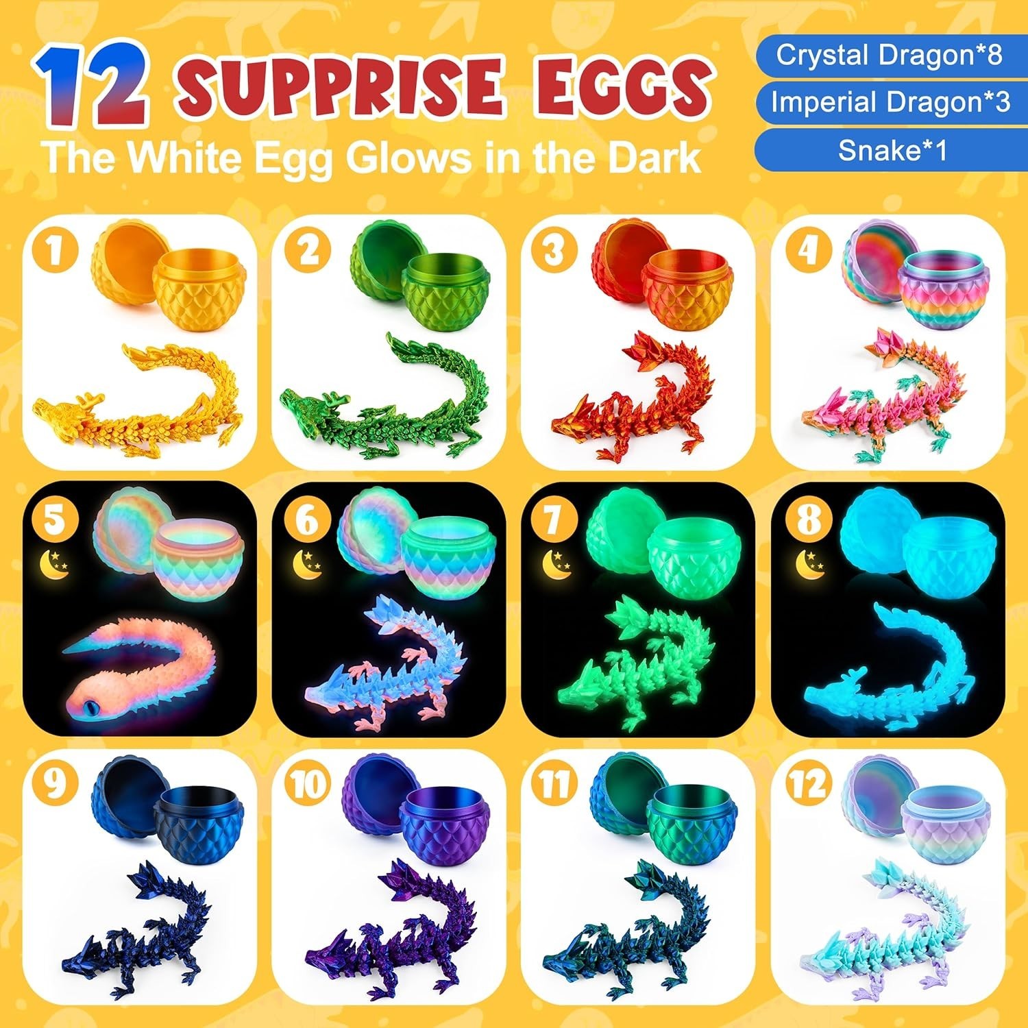 12PCS 3D Printed Dragon Eggs, Easter Egg Fillers for Easter Basket Stuffers, Uni