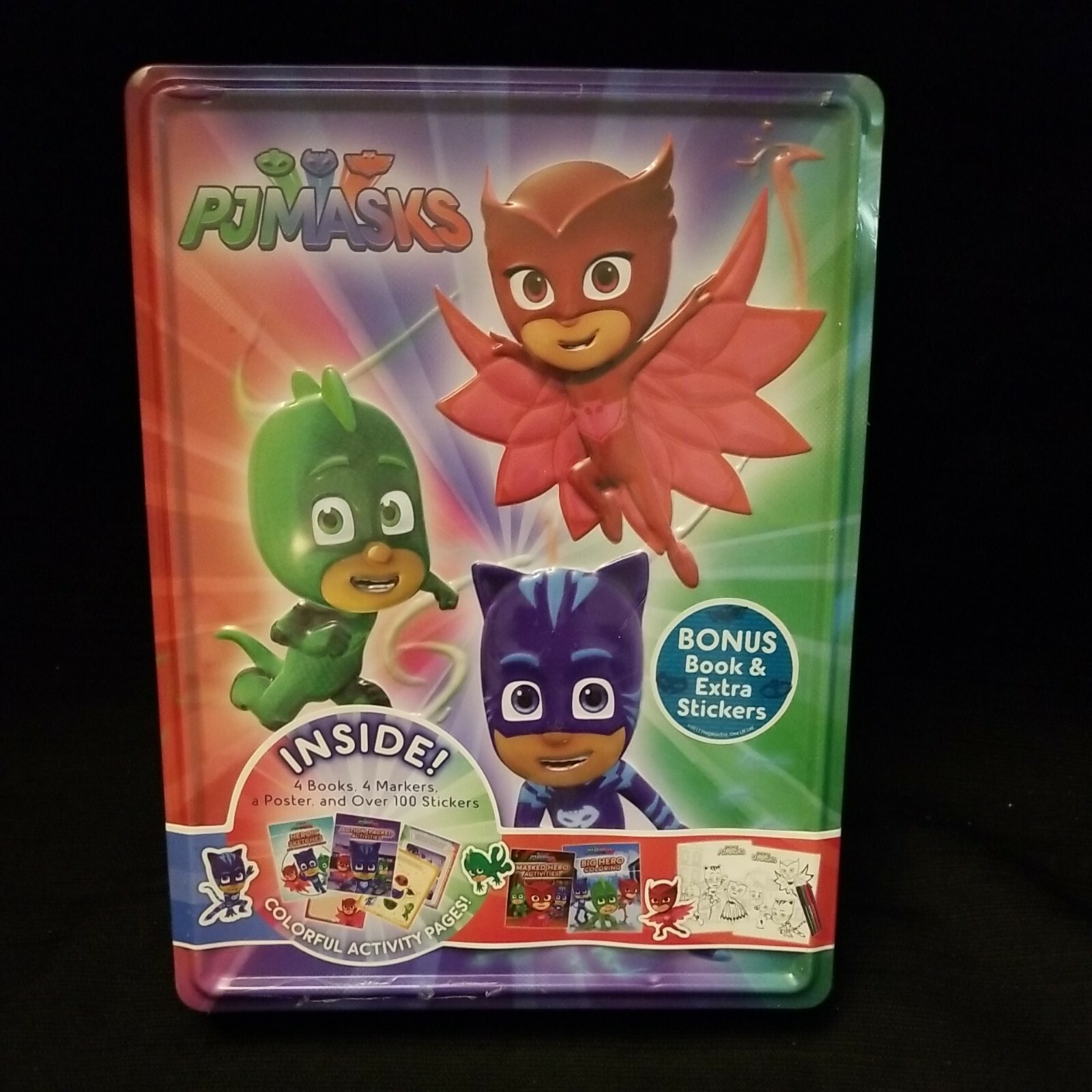 Nickelodeon PJ Masks Embossed Tin Colorful Activity Kit Books Stickers++ New!
