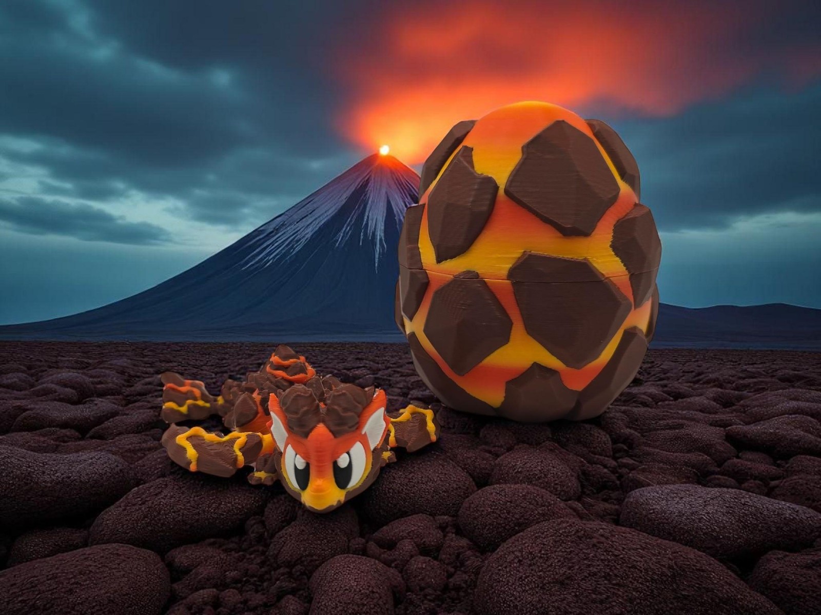 3D Printed Articulated Lava Dragon: Poseable Fire Dragon with Egg