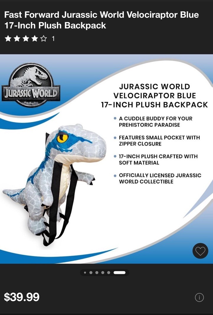 Jurassic World Velociraptor Blue 17-Inch Plush Backpack with Adjustable Straps