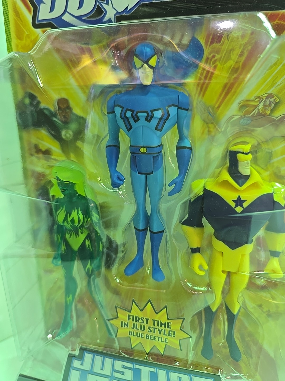 Justice League Unlimited FIRE, BLUE BEETLE, BOOSTER GOLD 3 Pack Figures Clean Bx