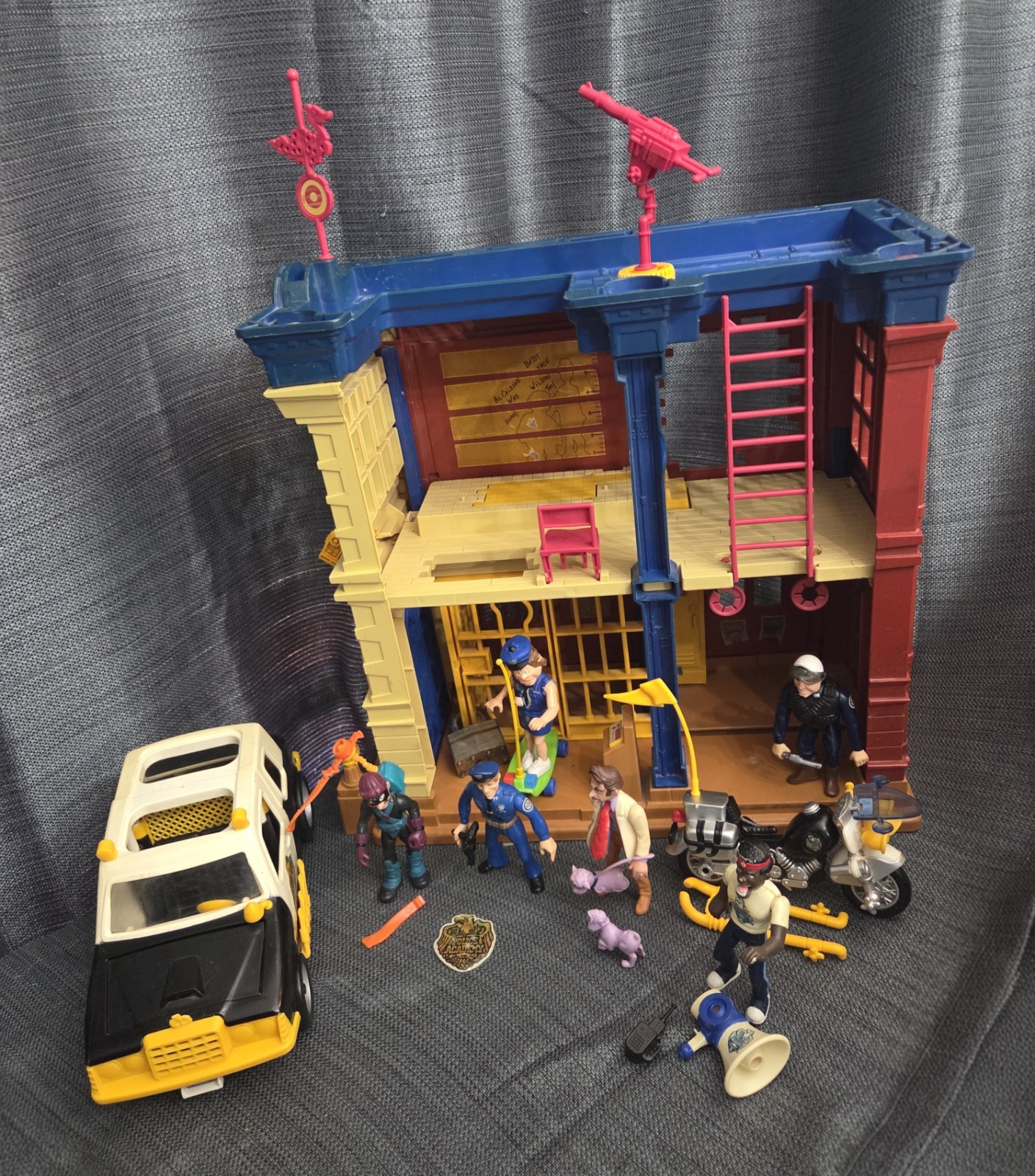 Vintage 1989 Police Academy Precinct + Figures + Crash Cycle + Crazy Cruiser LOT