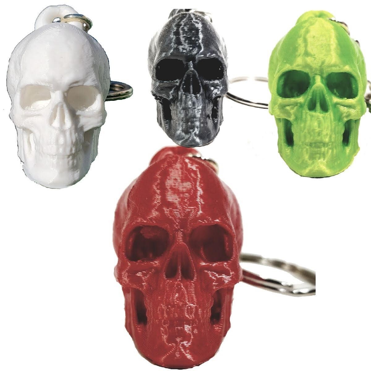FlexiMech Skeleton Detailed 3d Printed Skull -Silver Tone KeyChain Choose Color