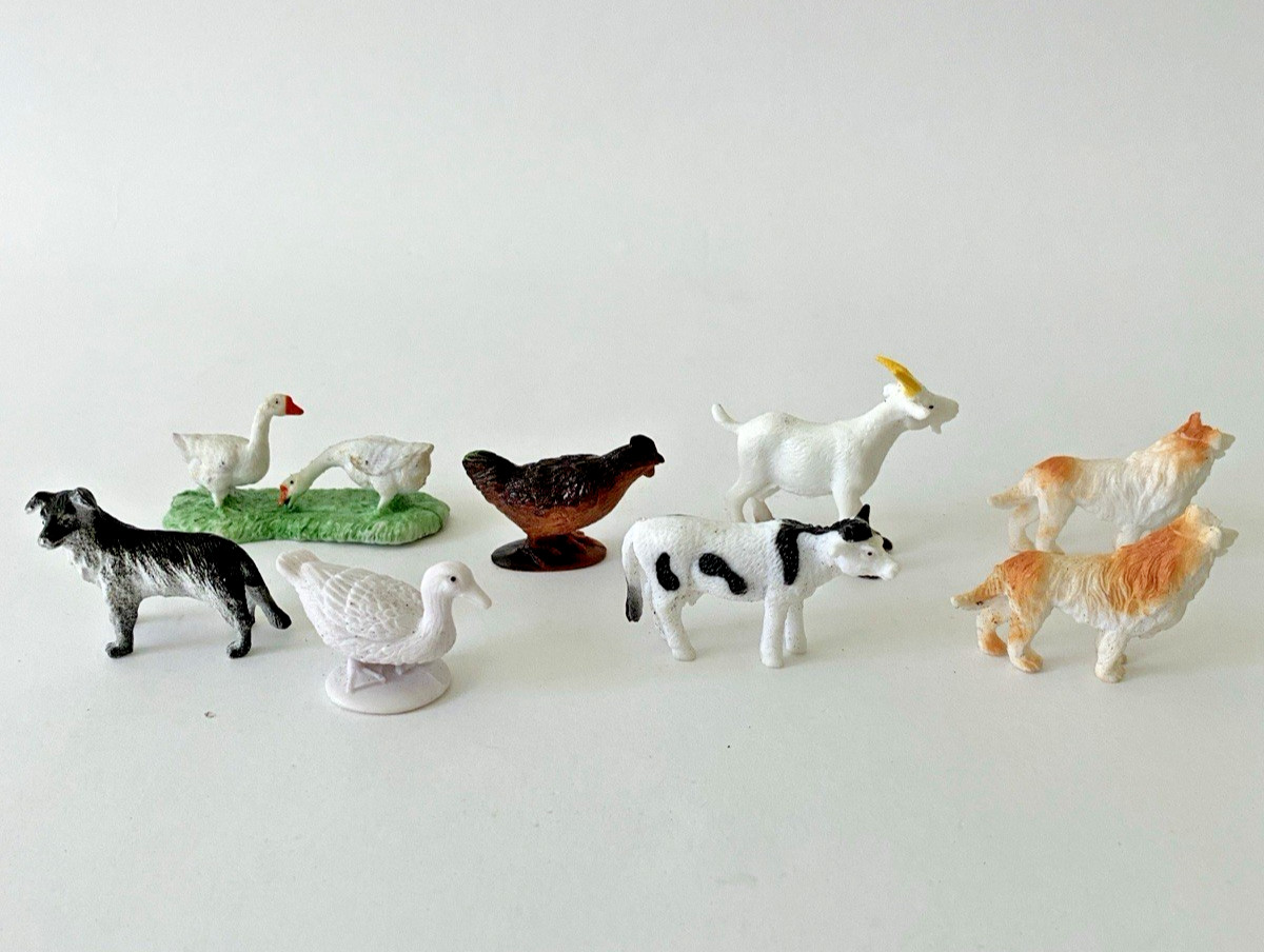 Lot of 8 Small Animals PVC Figures Dog Geese Duck Chicken Cow Goat 2&Prime;