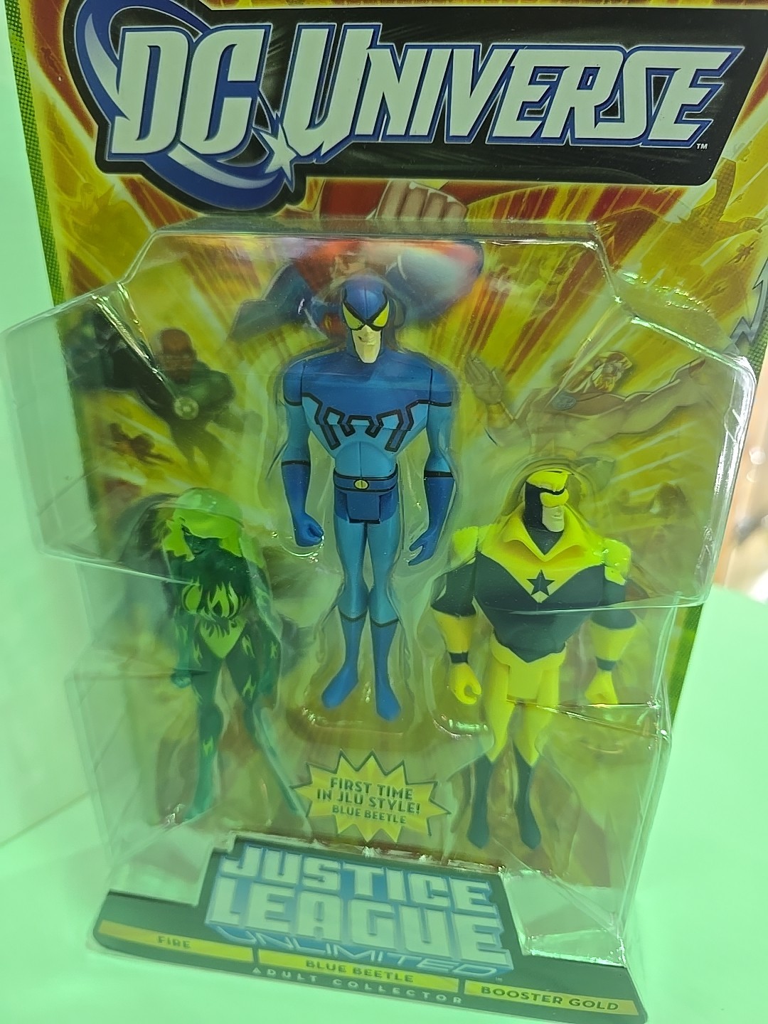 Justice League Unlimited FIRE, BLUE BEETLE, BOOSTER GOLD 3 Pack Figures Clean Bx