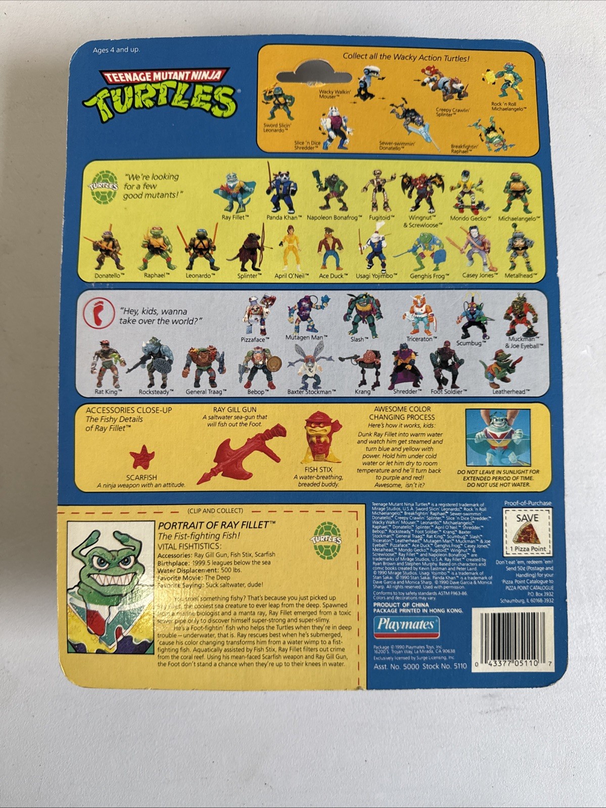 1990 Playmates TMNT Ray Fillet MOC With Case Red V Purple Shirt
