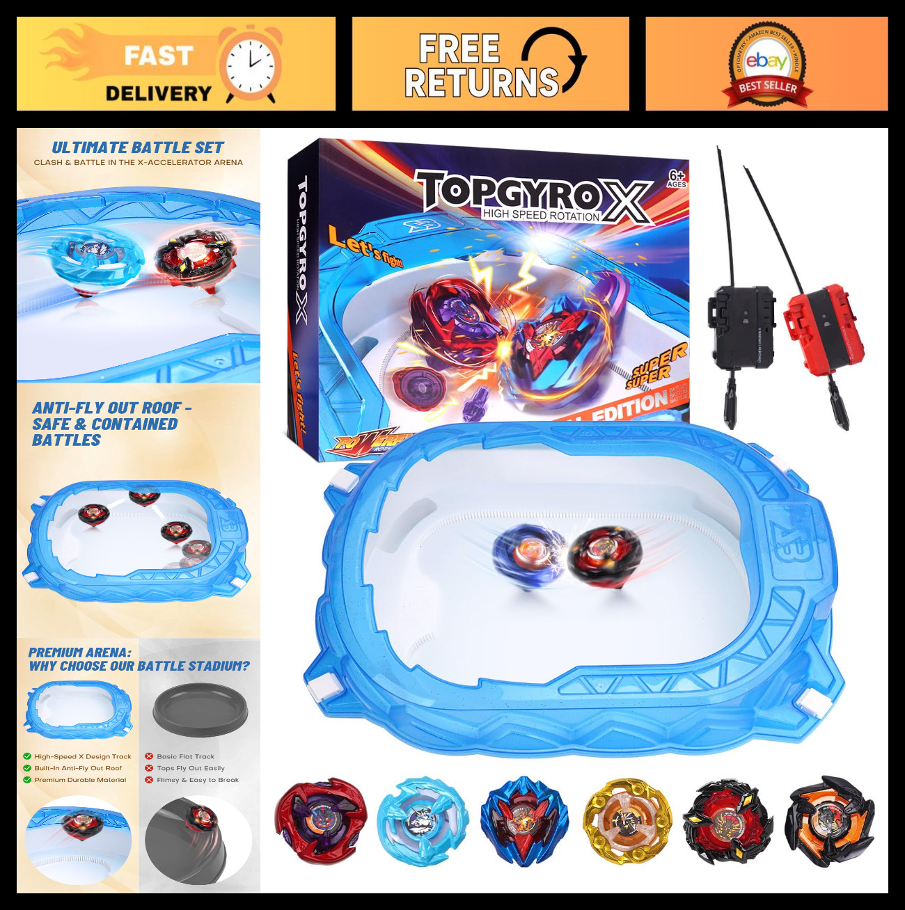 Battle Tops Arena Set – 6 Battle Tops, 2 Launchers, Acceleration Track & Roof, G