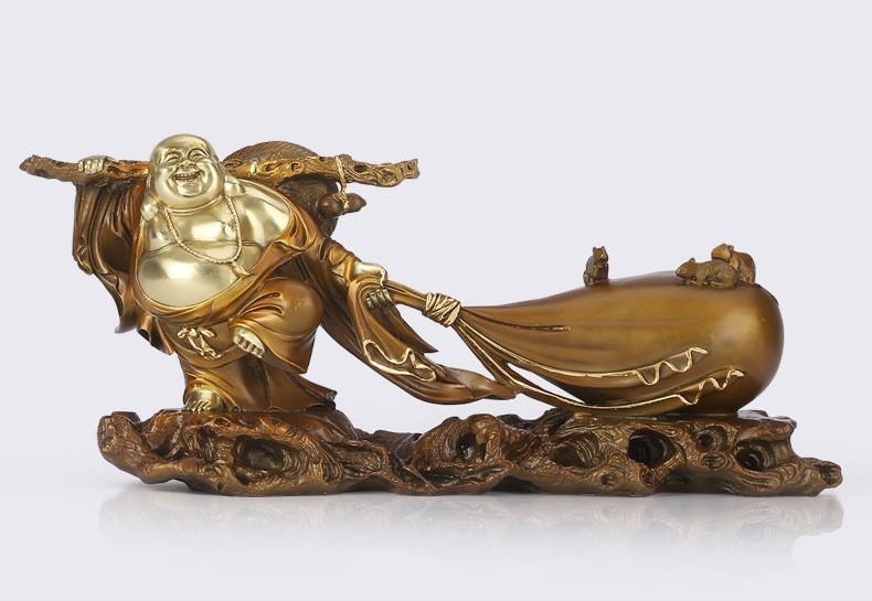 Brass Laughing Buddha Budai Statue Wealth Bag Feng Shui Decor 29.5cm
