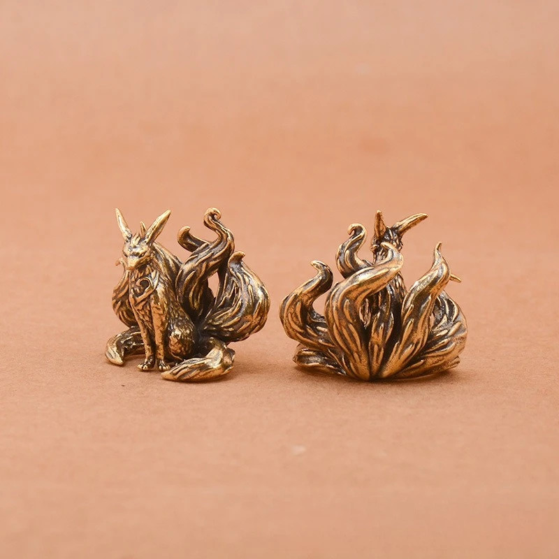 Brass Nine Tailed Fox Statue Mini Copper Animal Figurine Desk Home Decor