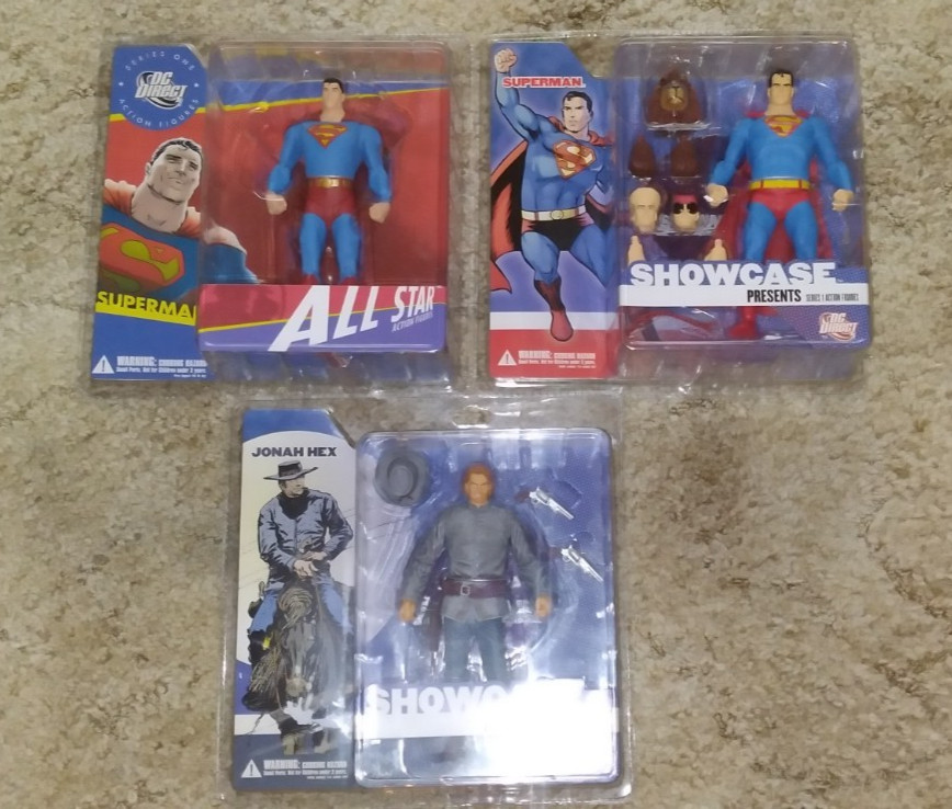 3 HTF DC COMICS DIRECT ACTION FIGURES, JONAH HEX, 2 SUPERMAN ALL STAR/SHOWCASE