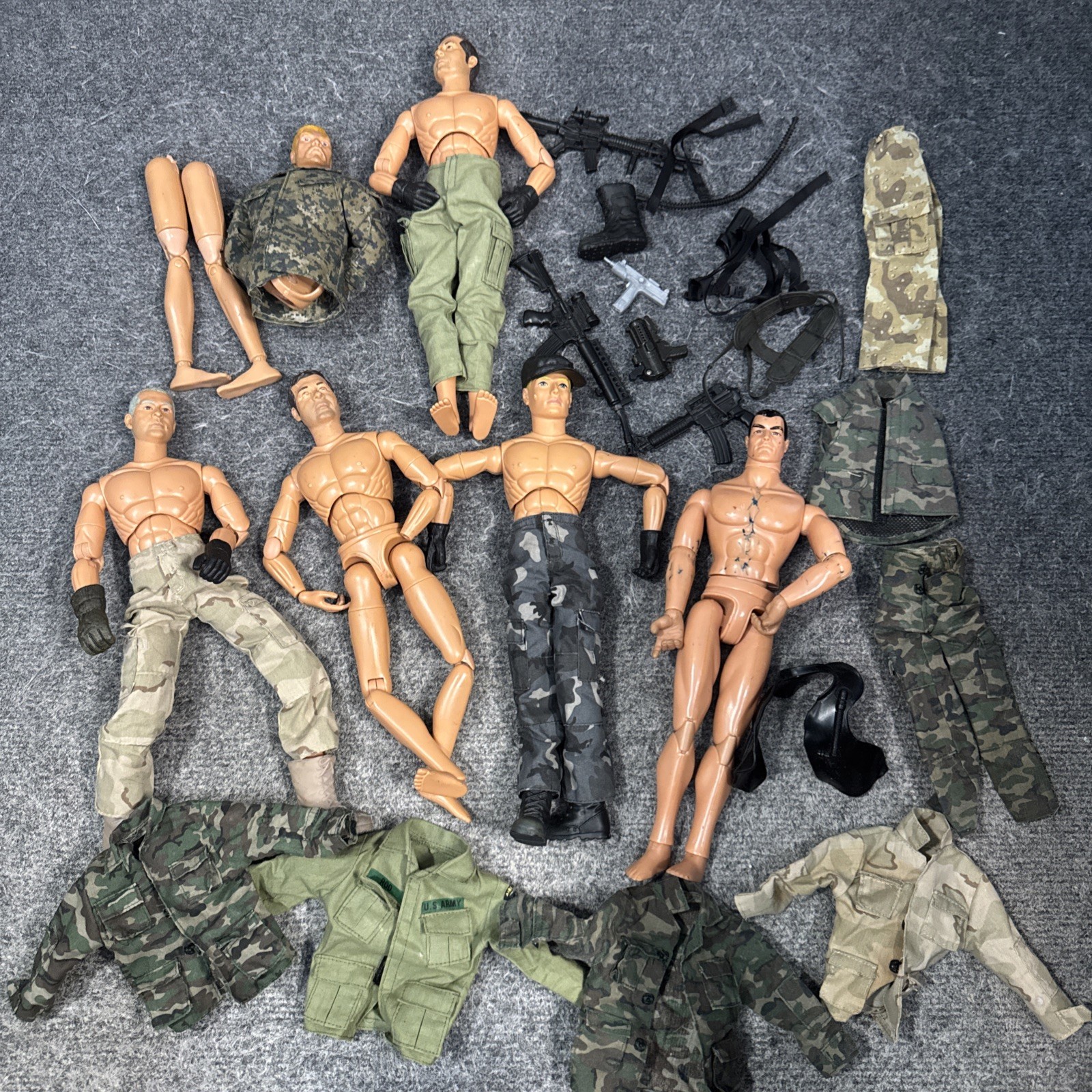 Lot of 6 Vtg 12” Army Military GI Joe Dolls Figures Soldiers With Clothes Guns