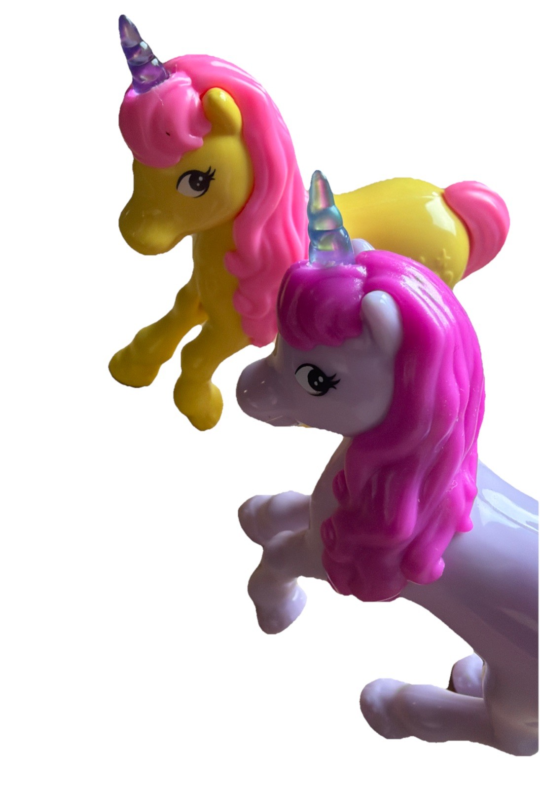 Vintage Unicorn Toy Figures Set of 2 Yellow Purple Pink Mane Glitter Horn 3 inch