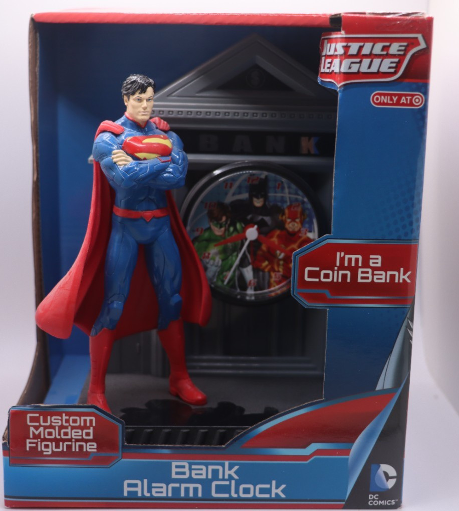 JUSTICE LEAGUE Coin Bank & Alarm Clock SUPERMAN DC Comics New!