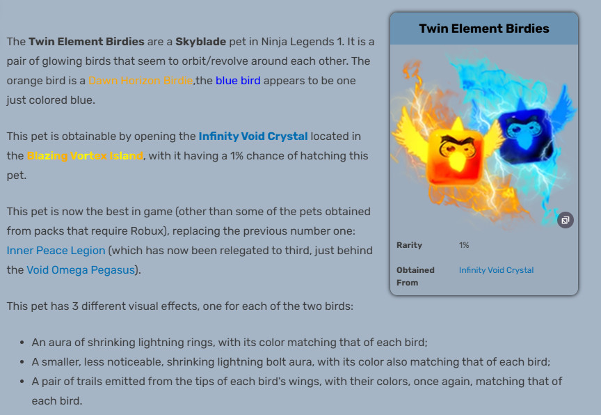 🦈🌊🔱ROBLOX Ninja Legends Twin Element Birdies Vortex-Elite Pets (6x) 🦈🌊🔱