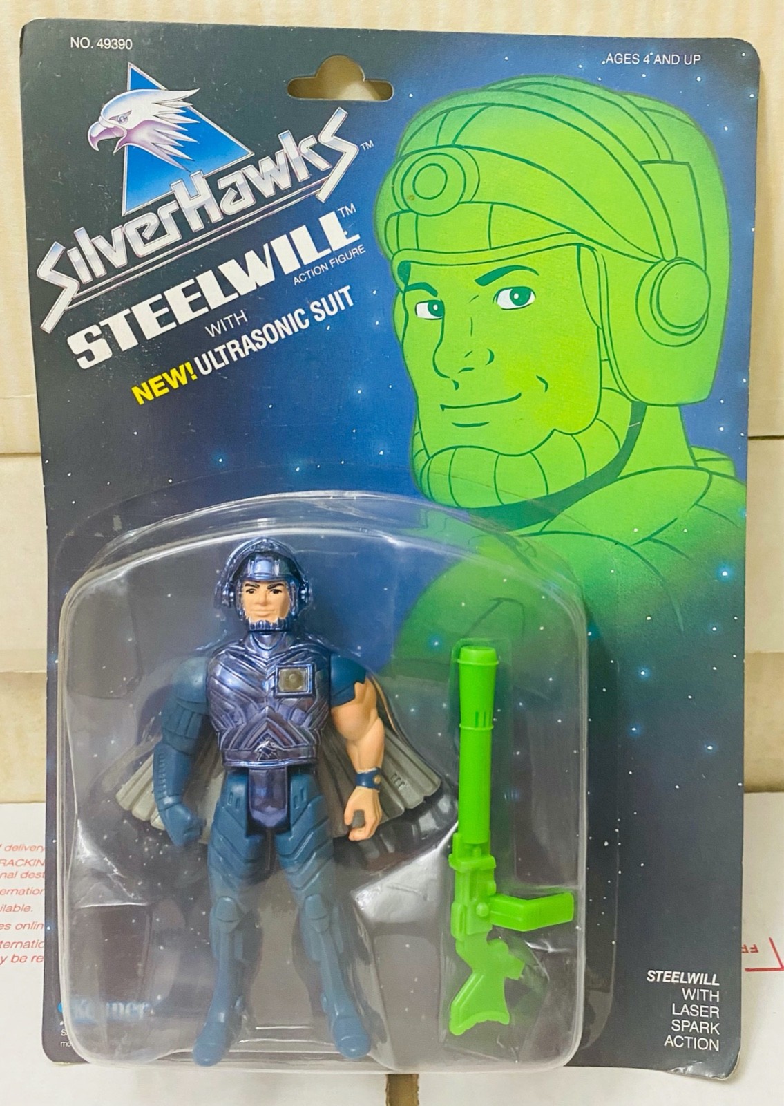 Vintage 1986 Kenner Steelwill with new Ultrasonic Suit SILVERHAWKS dented bliste