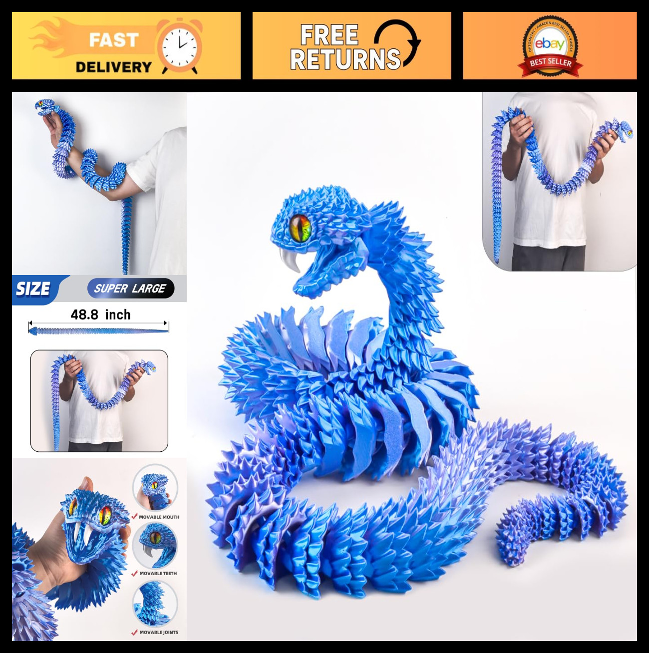 48.8in 3D Printed Articulated Snake Toy – Movable Teeth, Fidget Decor for Home/O