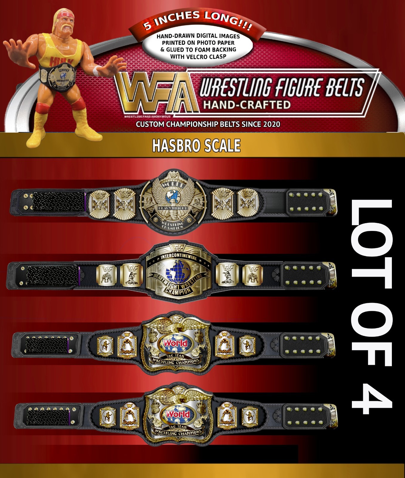 WWF Hasbro Scale Lot Of 4 Custom Hand Made Wrestling Figure Belts 26 DESIGN