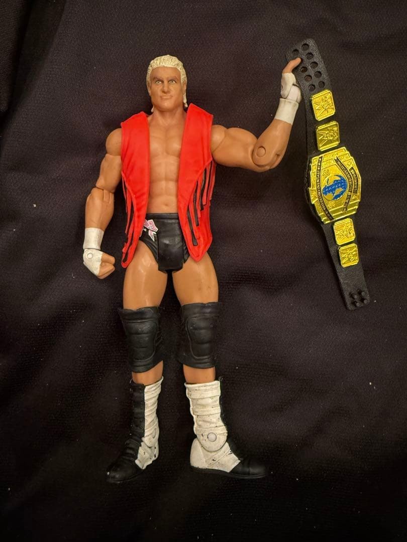 WWE Wrestler Action Figure Red Fringe Costume Gold Hair Yellow Belt