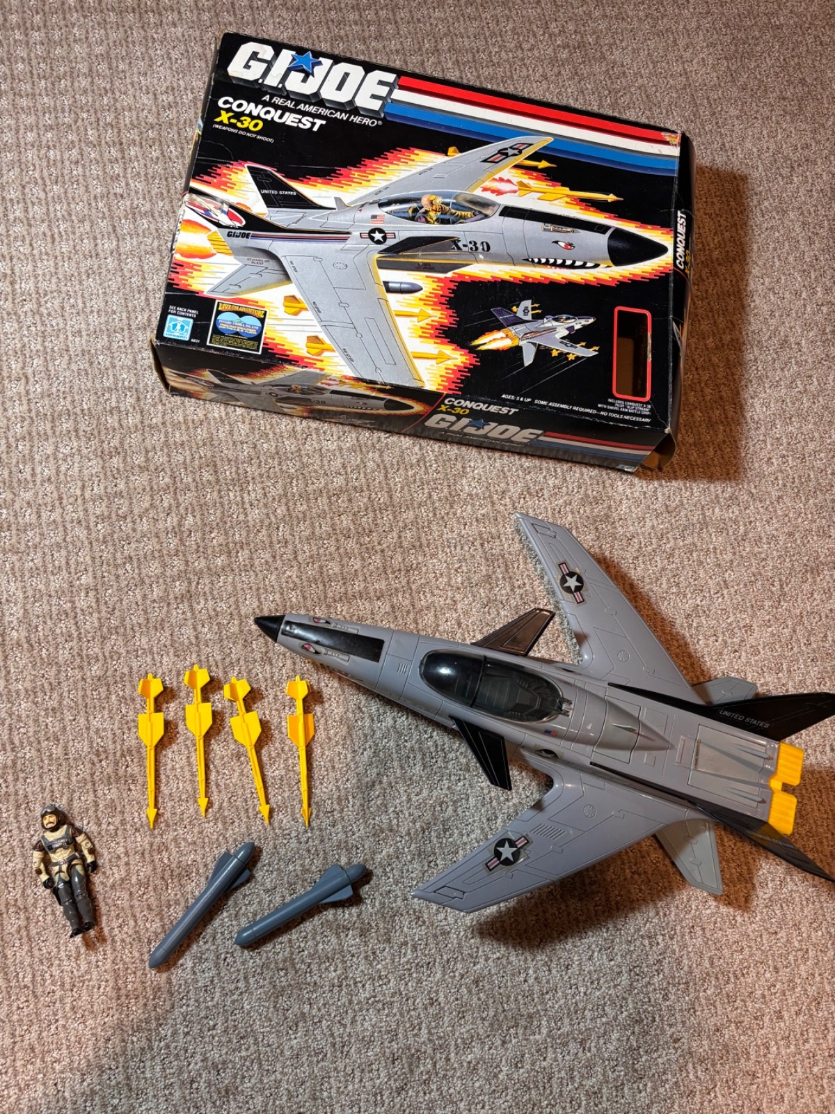 1986 GI Joe Conquest X-30 COMPLETE with pilot Slip-Stream, Box and filecard