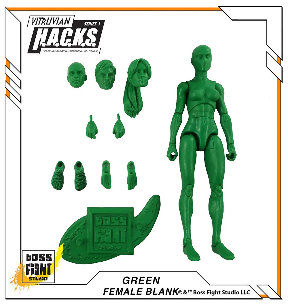 Green Vitruvian HACKS Blank Female Action Figure 3 3/4&Prime; Boss Fight