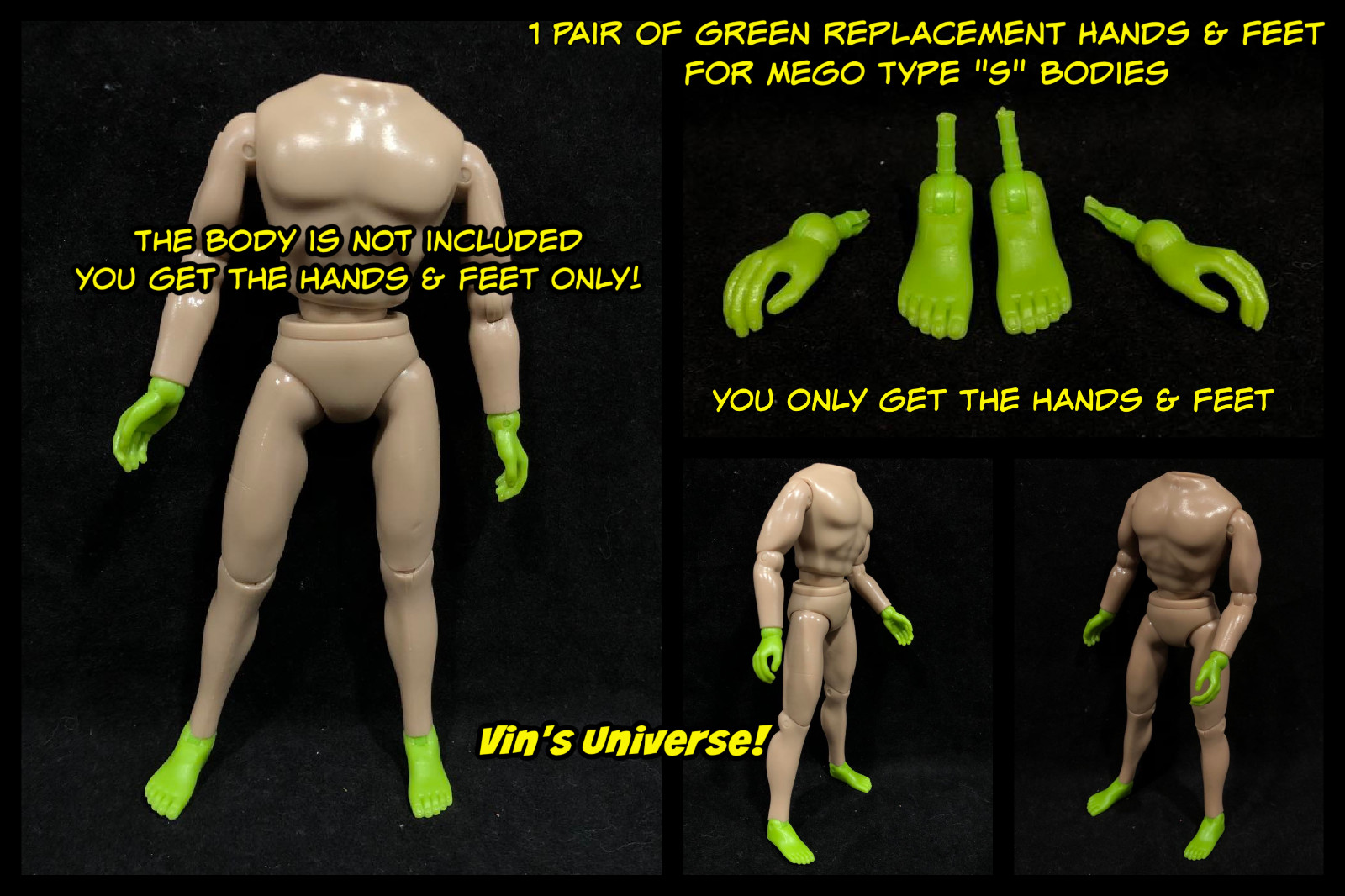 8&Prime; Mego Replacement Green Hands & Feet Body NOT Included Great for Custom Figure