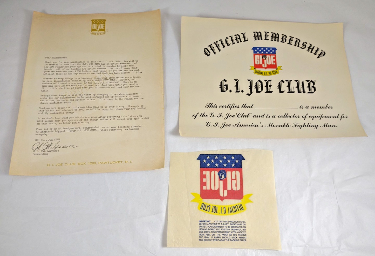 Vtg GI Joe Club Paperwork Certificate Letter & Iron-on T-Shirt Transfer! (A21)