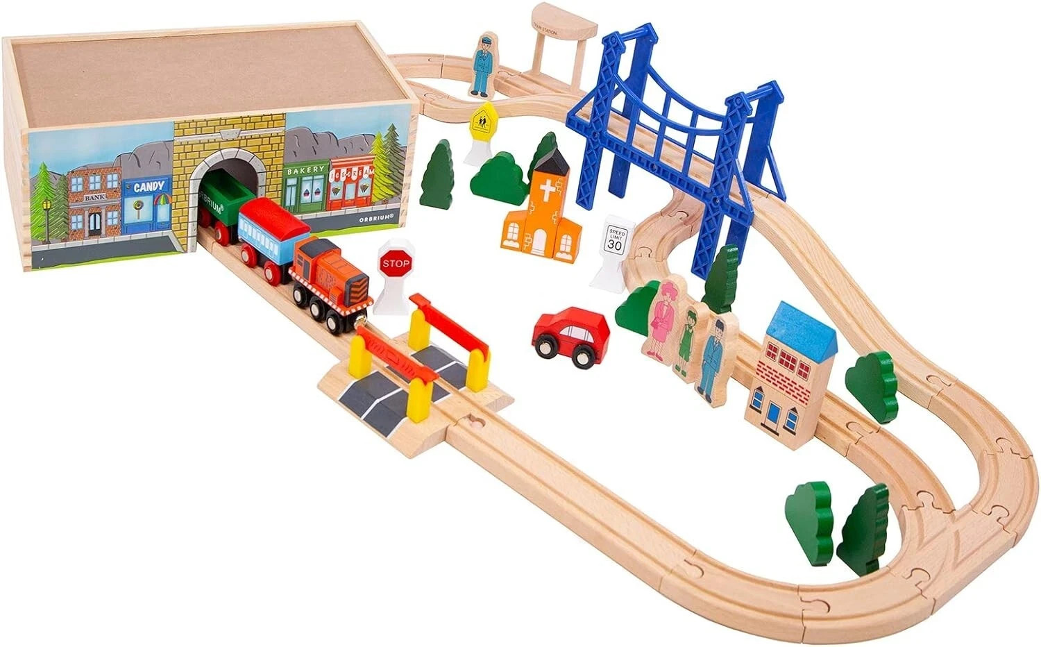 Orbrium 52‑Piece Deluxe Wooden Train Set Bridge, Tunnel, Station & STEM Layout
