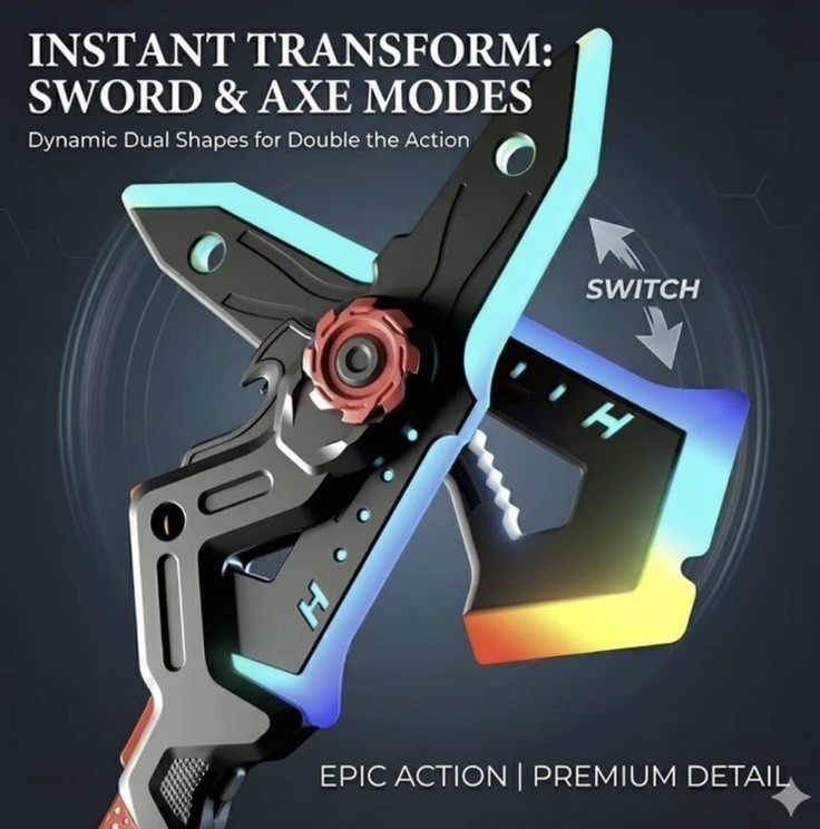 2-in-1 LED Shadow Axe Sword, Transforming, Mist Sound FX, USB Rechargeable NEW