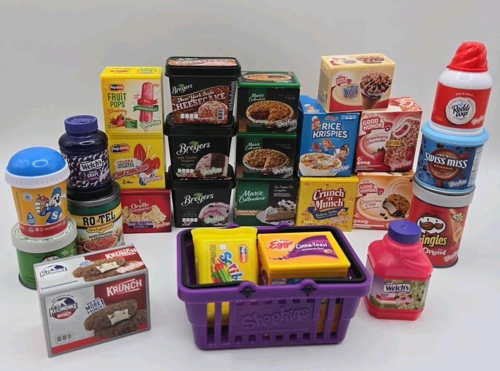 Shopkins Mini Brands Real Littles Food Grocery Lot of 26 w/ Basket Miniatures