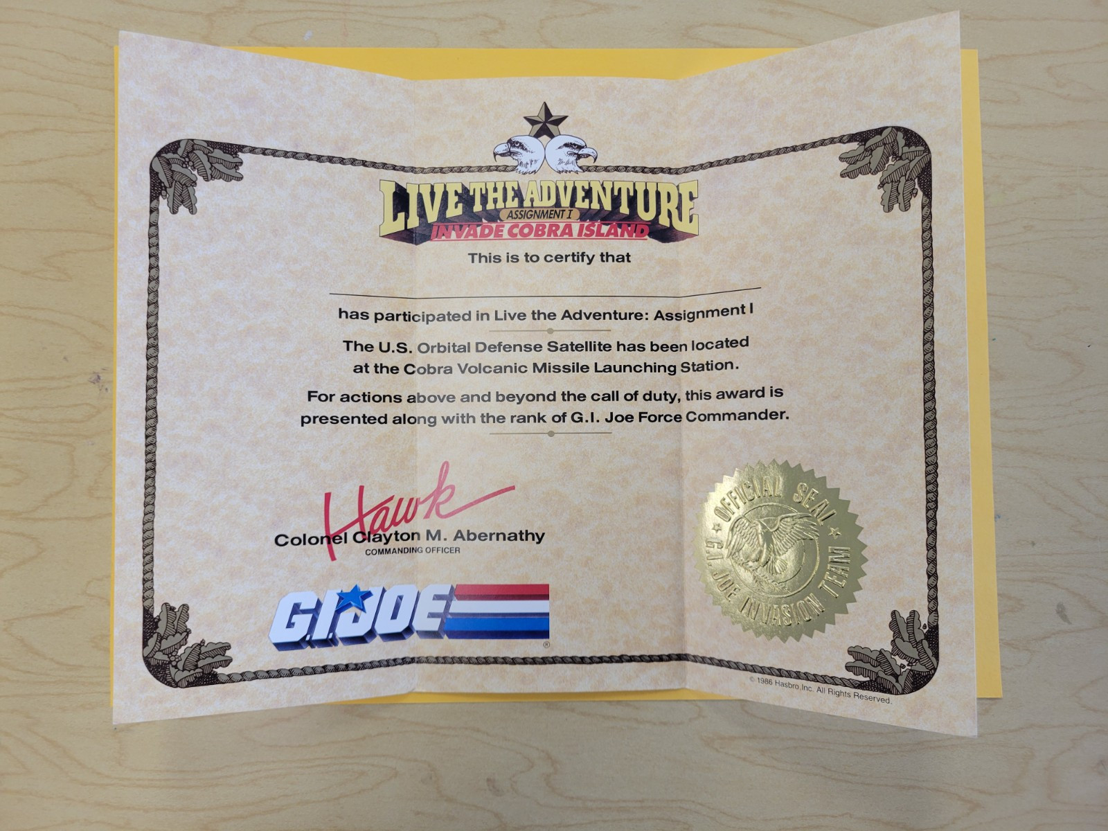 Vintage GI Joe 1986 Live the Adventure Invade Cobra Island Certificate