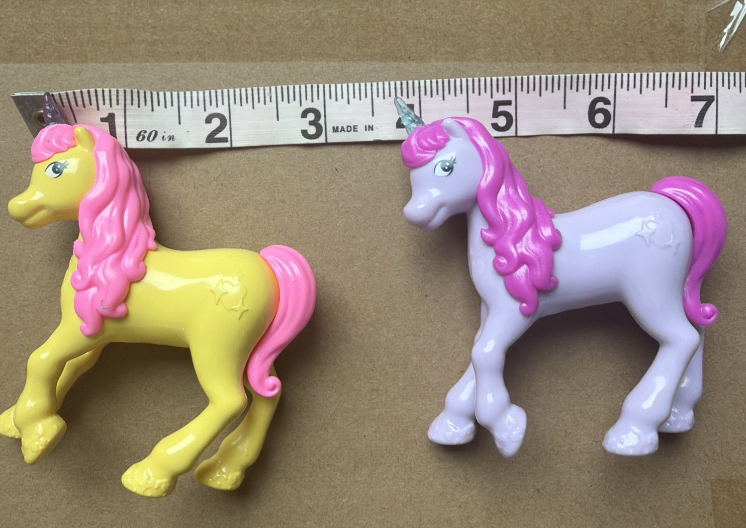 Vintage Unicorn Toy Figures Set of 2 Yellow Purple Pink Mane Glitter Horn 3 inch