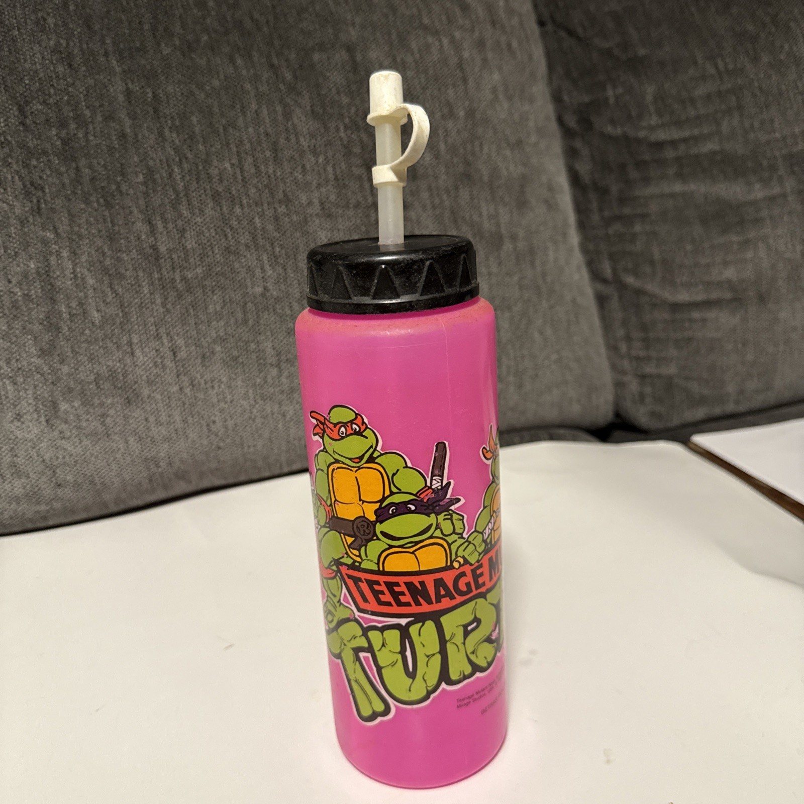 1988 TMNT Teenage Mutant Ninja Turtles Water Bottle and Straw VINTAGE Pink