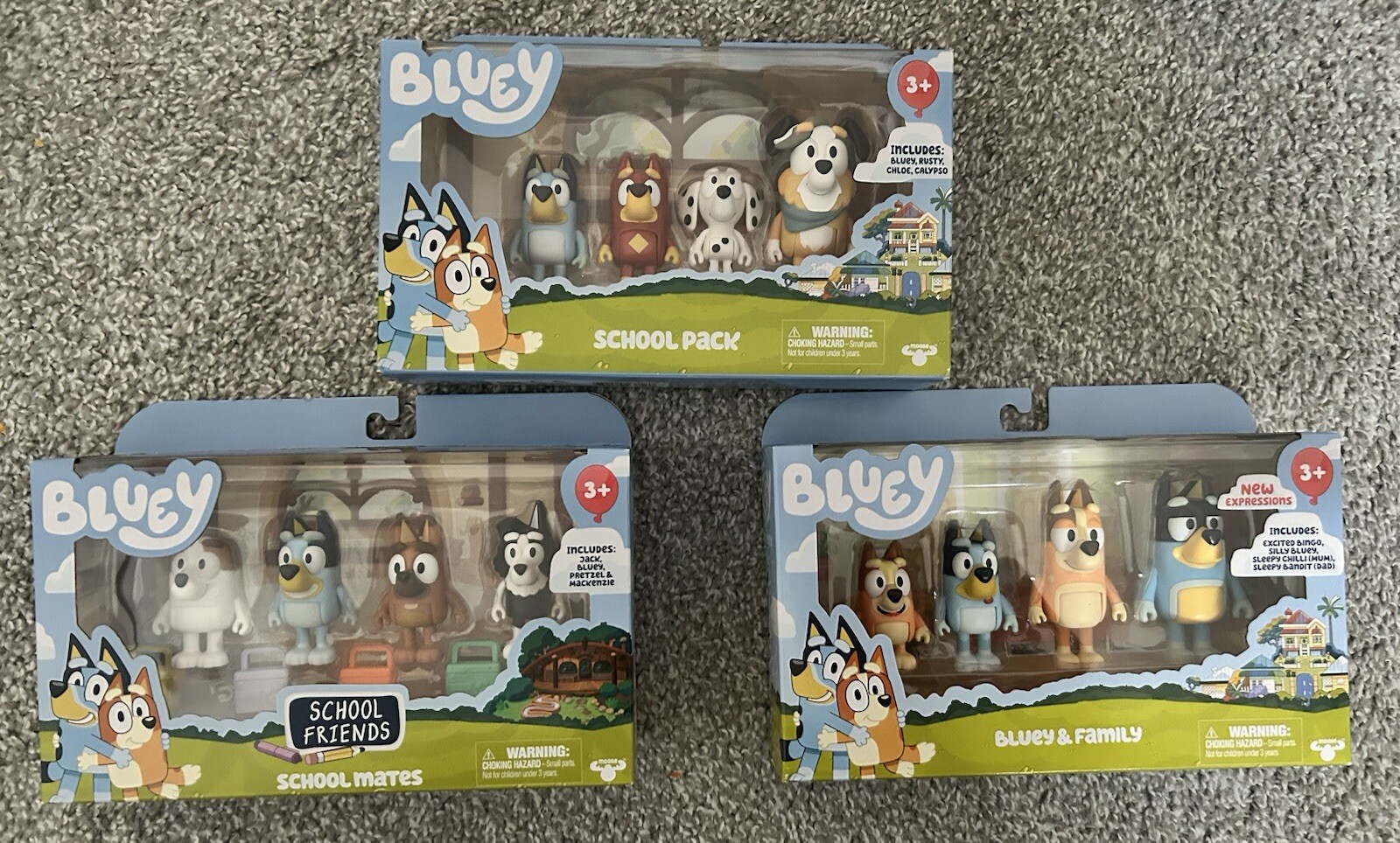Bluey 4-pack of 3&Prime; Figures, SET OF 3, School Mates, School Lack, Bluey & Family