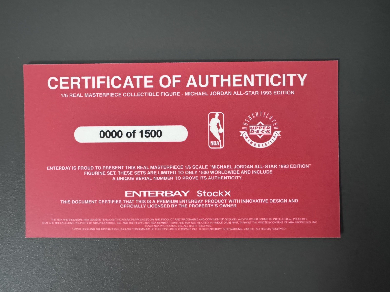 Super Rare Enterbay #0000 Michael Jordan Certificate of Authenticity Card
